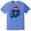 Blue Buffalo pride t-shirt with sunglasses-wearing buffalo graphic, flat lay on white background.