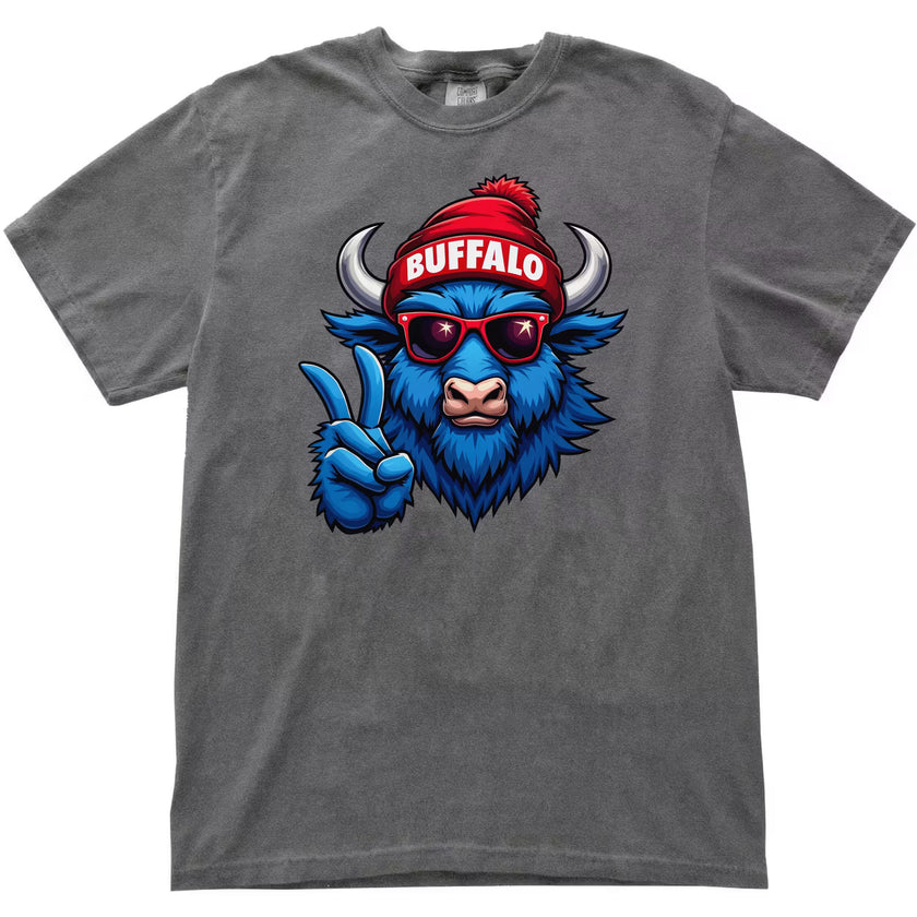 Gray Buffalo pride t-shirt featuring cool buffalo graphic with peace sign, flat lay on white background.