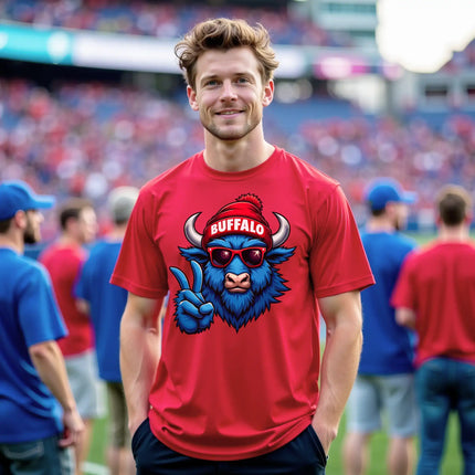 Man wearing red Buffalo pride t-shirt with blue buffalo graphic, standing on football field showing city pride.