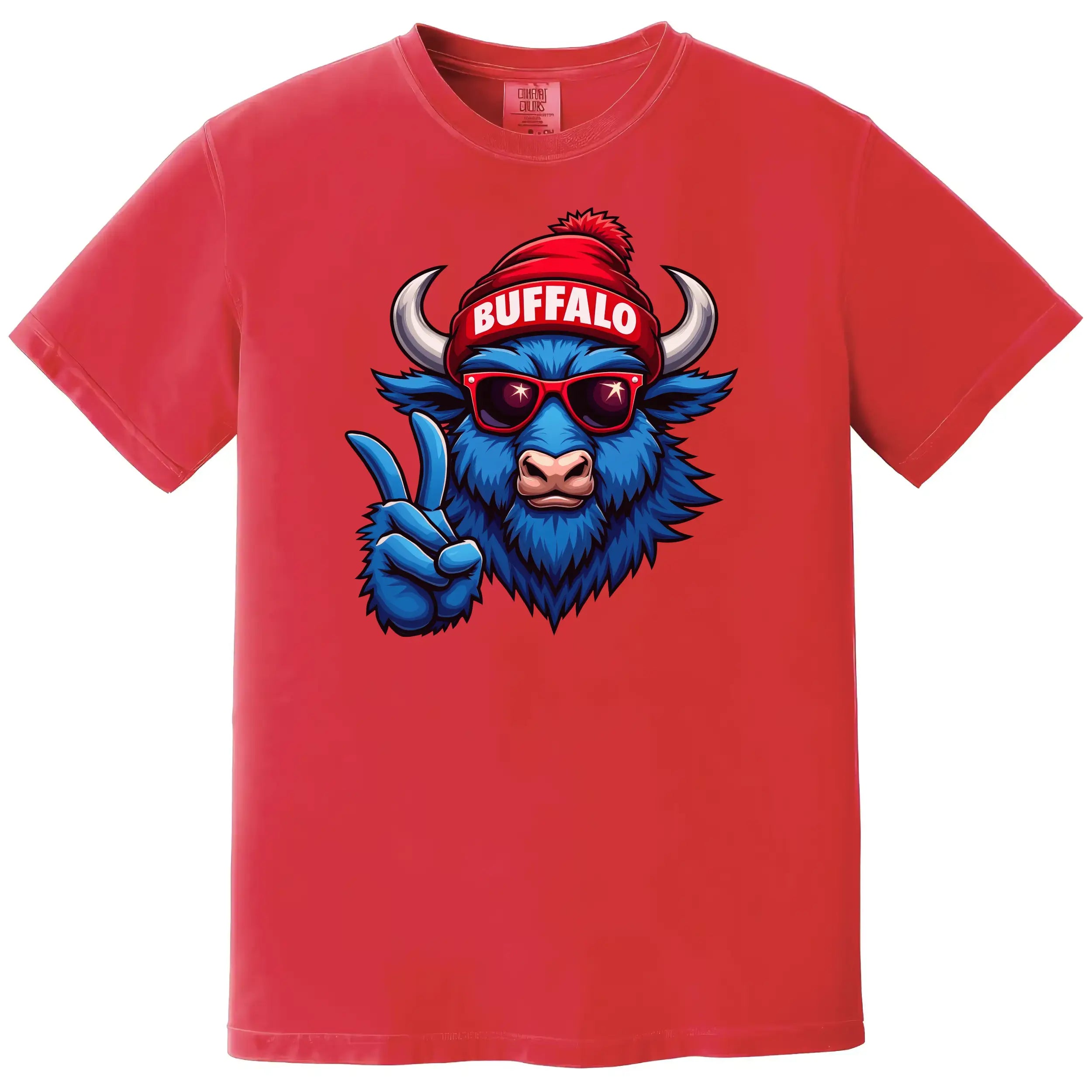Buffalo pride t-shirt with blue buffalo wearing sunglasses and winter hat, red tee flat lay on white background.