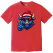 Buffalo pride t-shirt with blue buffalo wearing sunglasses and winter hat, red tee flat lay on white background.