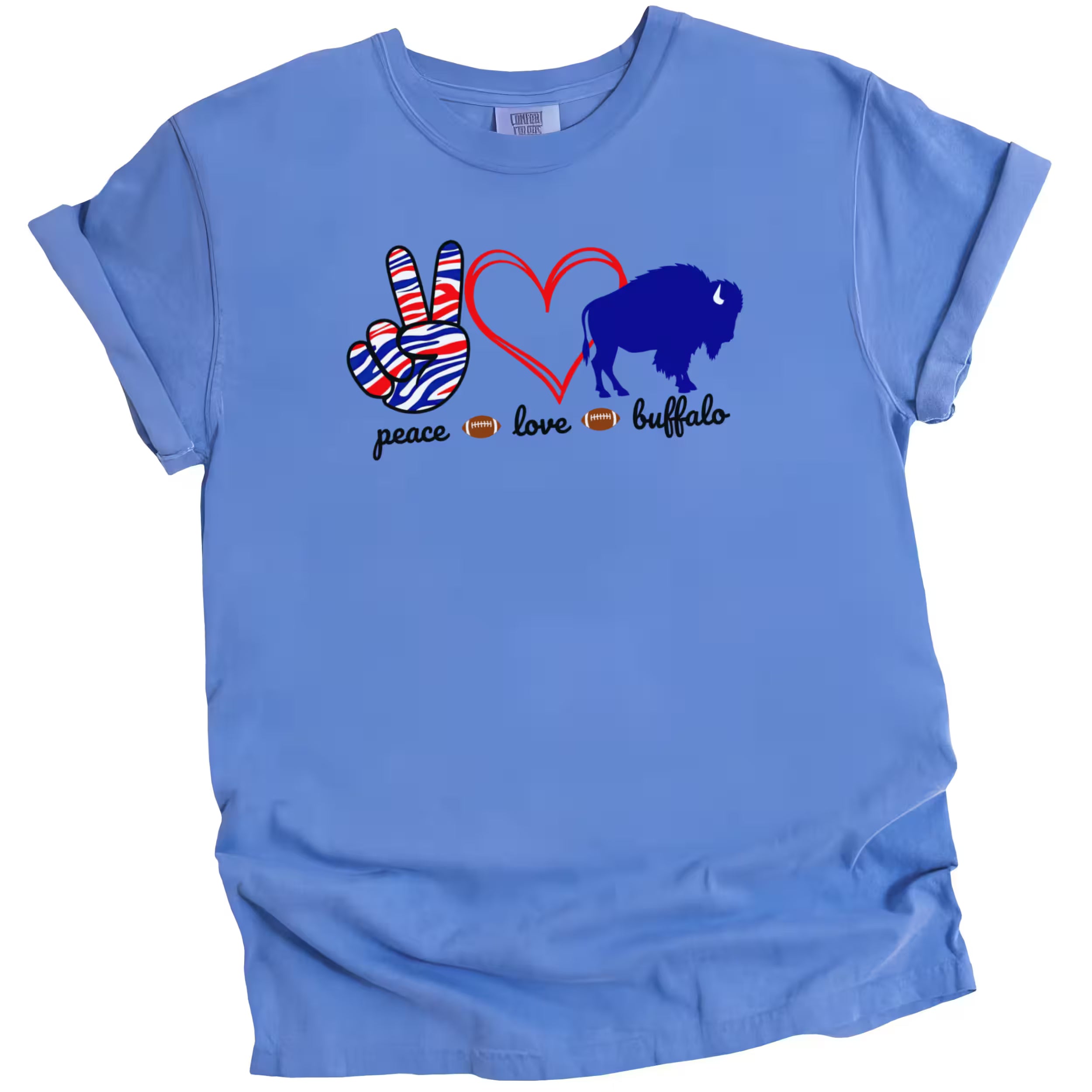 Blue Peace Love Buffalo t-shirt featuring peace sign graphic, red heart, and blue buffalo, flat lay on white background.