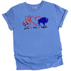 Blue Peace Love Buffalo t-shirt featuring peace sign graphic, red heart, and blue buffalo, flat lay on white background.