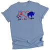 Light blue Peace Love Buffalo t-shirt with red heart and bold buffalo graphic, flat lay on white background.
