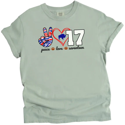 Green Buffalo quarterback peace Love 17 football tee with striped peace sign, red heart, and number graphic, flat lay on white background.