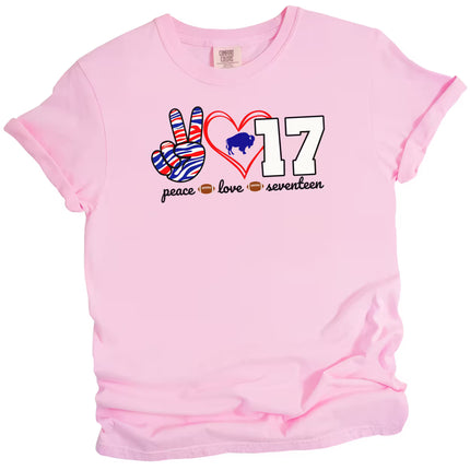 Pink Peace Love 17 Buffalo quarterback football shirt with striped peace sign, red heart, and white number design, flat lay on white background.