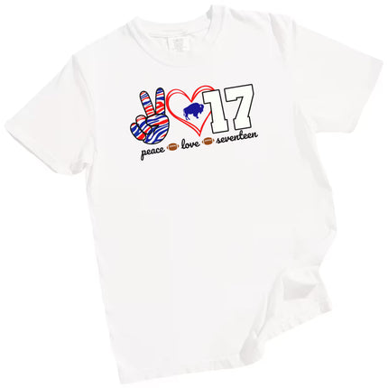 White Peace Love 17 Buffalo quarterback t-shirt featuring striped peace sign, red heart, and bold number design, flat lay on white background.