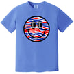 Buffalo football fan shirt in blue, smiling face design with patriotic stripe pattern and football eyes, sporty game day tee.