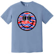 Football smiling face t-shirt in light blue, red white blue striped pattern with football eyes, Buffalo fan game day graphic tee.