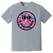 Buffalo football fan tee in light grey, smiling face design with patriotic stripes and football eyes, casual game day shirt.