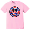 Football fan smiling face t-shirt in pink, Buffalo-inspired red white blue pattern with football eyes, playful game day graphic tee.