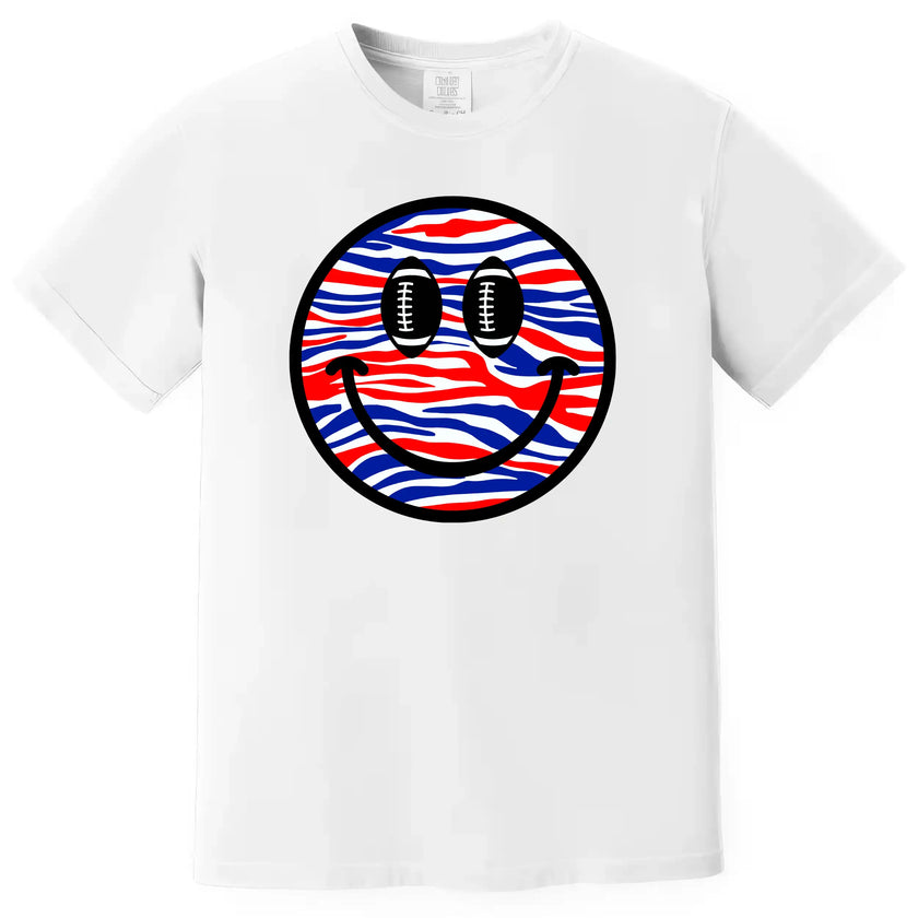 Buffalo football smiling face graphic tee in white, red white blue striped design with football eyes, fun game day fan shirt.