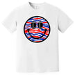 Buffalo football smiling face graphic tee in white, red white blue striped design with football eyes, fun game day fan shirt.