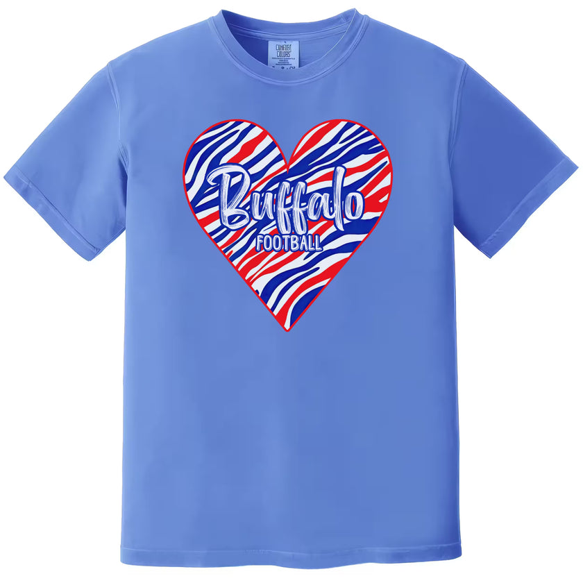 Blue Buffalo football t-shirt with red, white, and blue striped heart graphic, flat lay on white background.