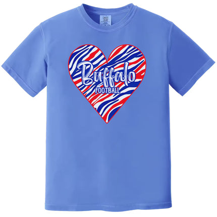 Blue Buffalo football t-shirt with red, white, and blue striped heart graphic, flat lay on white background.