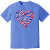 Blue Buffalo football t-shirt with red, white, and blue striped heart graphic, flat lay on white background.