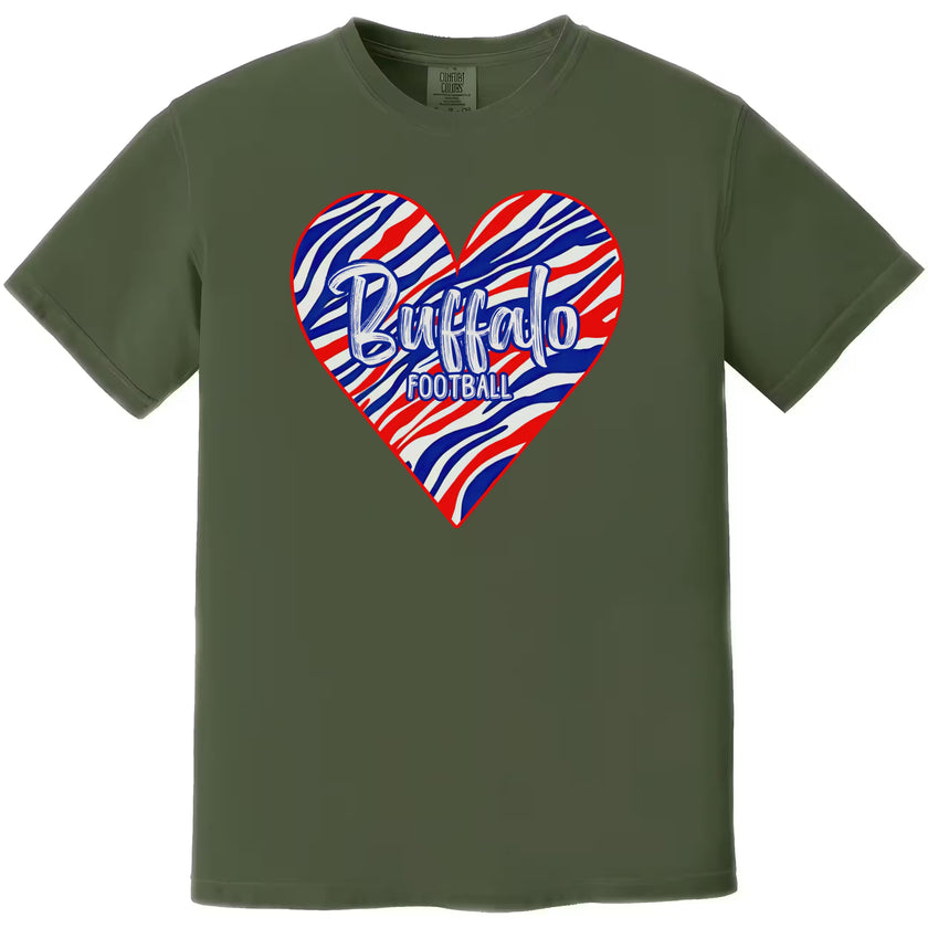 Green Buffalo football women’s tee with striped heart design and bold lettering, flat lay on white background.