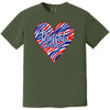 Green Buffalo football women’s tee with striped heart design and bold lettering, flat lay on white background.