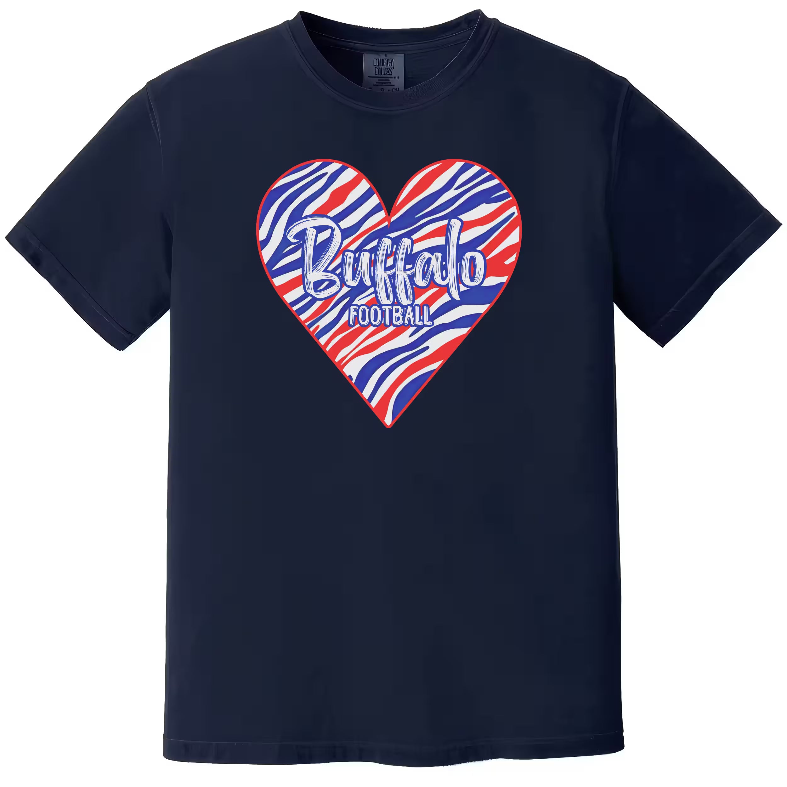 Navy Buffalo football women’s t-shirt featuring striped heart graphic and football text, flat lay on white background.