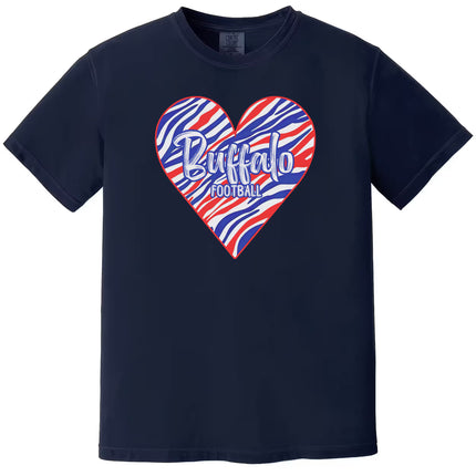 Navy Buffalo football women’s t-shirt featuring striped heart graphic and football text, flat lay on white background.