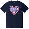 Navy Buffalo football women’s t-shirt featuring striped heart graphic and football text, flat lay on white background.