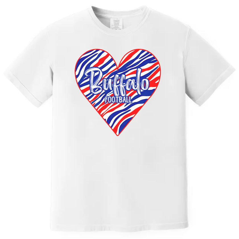 White Buffalo football women’s tee featuring striped heart design and bold text, flat lay on white background.