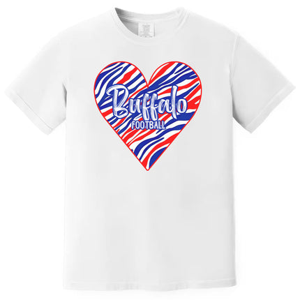 White Buffalo football women’s tee featuring striped heart design and bold text, flat lay on white background.