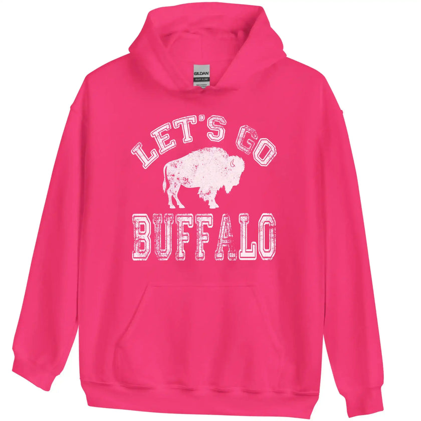 Hot pink Let’s Go Buffalo women’s football hoodie with white lettering and buffalo graphic. Bold fan style for game day.