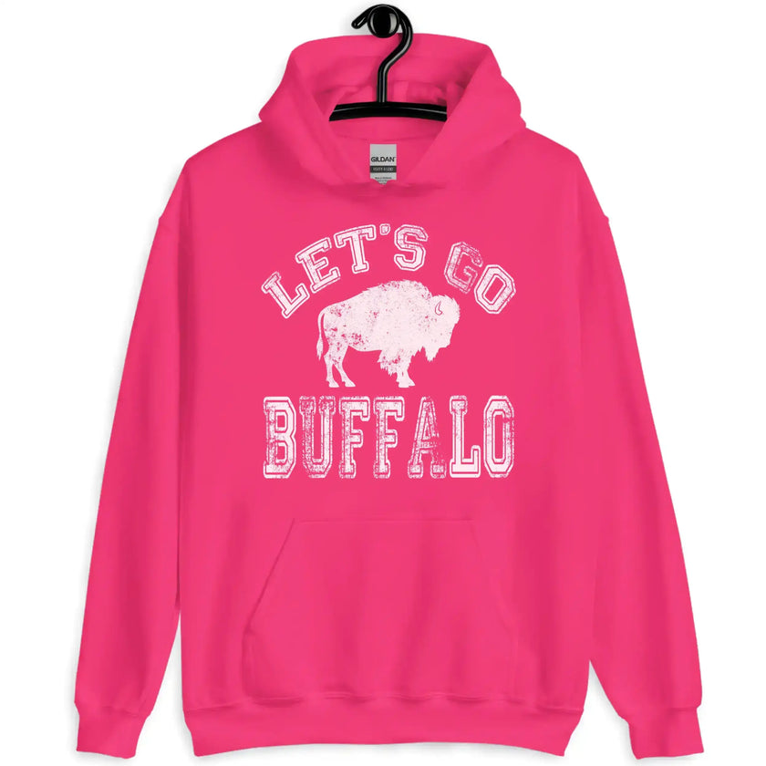 Women’s hot pink plus size Let’s Go Buffalo football hoodie with white distressed lettering. Perfect game day outfit for Buffalo fans.