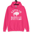 Women’s hot pink plus size Let’s Go Buffalo football hoodie with white distressed lettering. Perfect game day outfit for Buffalo fans.