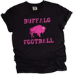Buffalo football women’s black graphic t-shirt with hot pink distressed lettering and bold hot pink buffalo icon.