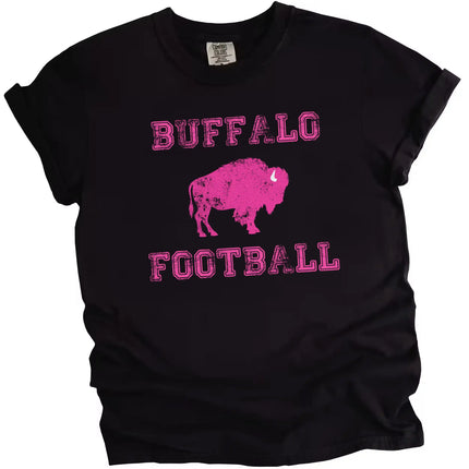Buffalo football women’s black graphic t-shirt with hot pink distressed lettering and bold hot pink buffalo icon.