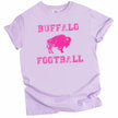 Buffalo football women’s light purple graphic t-shirt with hot pink distressed lettering and bold hot pink buffalo icon.