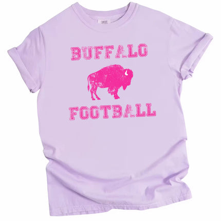 Buffalo football women’s light purple graphic t-shirt with hot pink distressed lettering and bold hot pink buffalo icon.