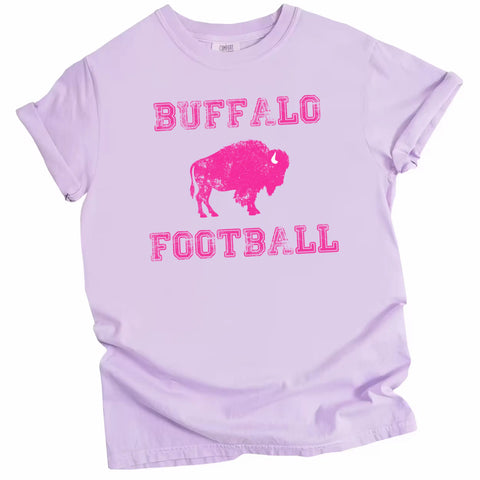Buffalo football women’s light purple graphic t-shirt with hot pink distressed lettering and bold hot pink buffalo icon.