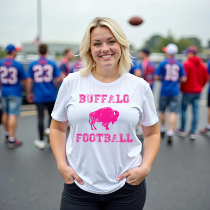 Woman wearing white Buffalo football graphic t-shirt with hot pink distressed lettering and pink buffalo icon, at a tailgate in the stadium parking lot.