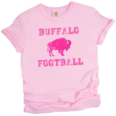 Buffalo football women’s light pink graphic t-shirt with hot pink distressed lettering and bold hot pink buffalo icon.