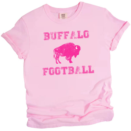 Buffalo football women’s light pink graphic t-shirt with hot pink distressed lettering and bold hot pink buffalo icon.