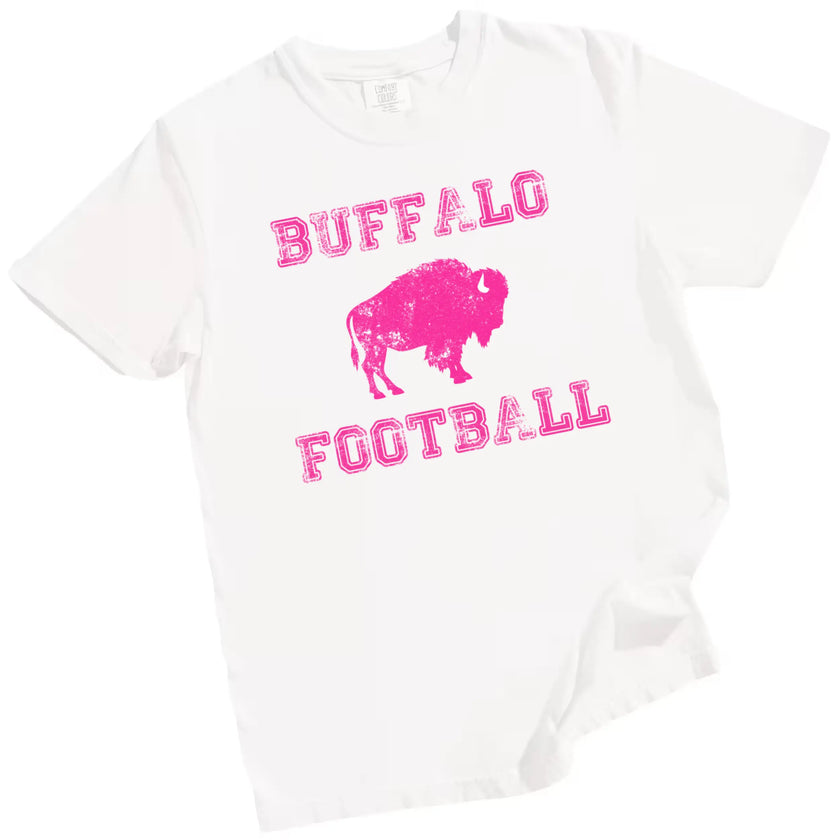 Buffalo football women’s white graphic t-shirt with hot pink distressed lettering and bold hot pink buffalo icon.