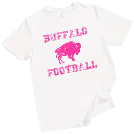 Buffalo football women’s white graphic t-shirt with hot pink distressed lettering and bold hot pink buffalo icon.