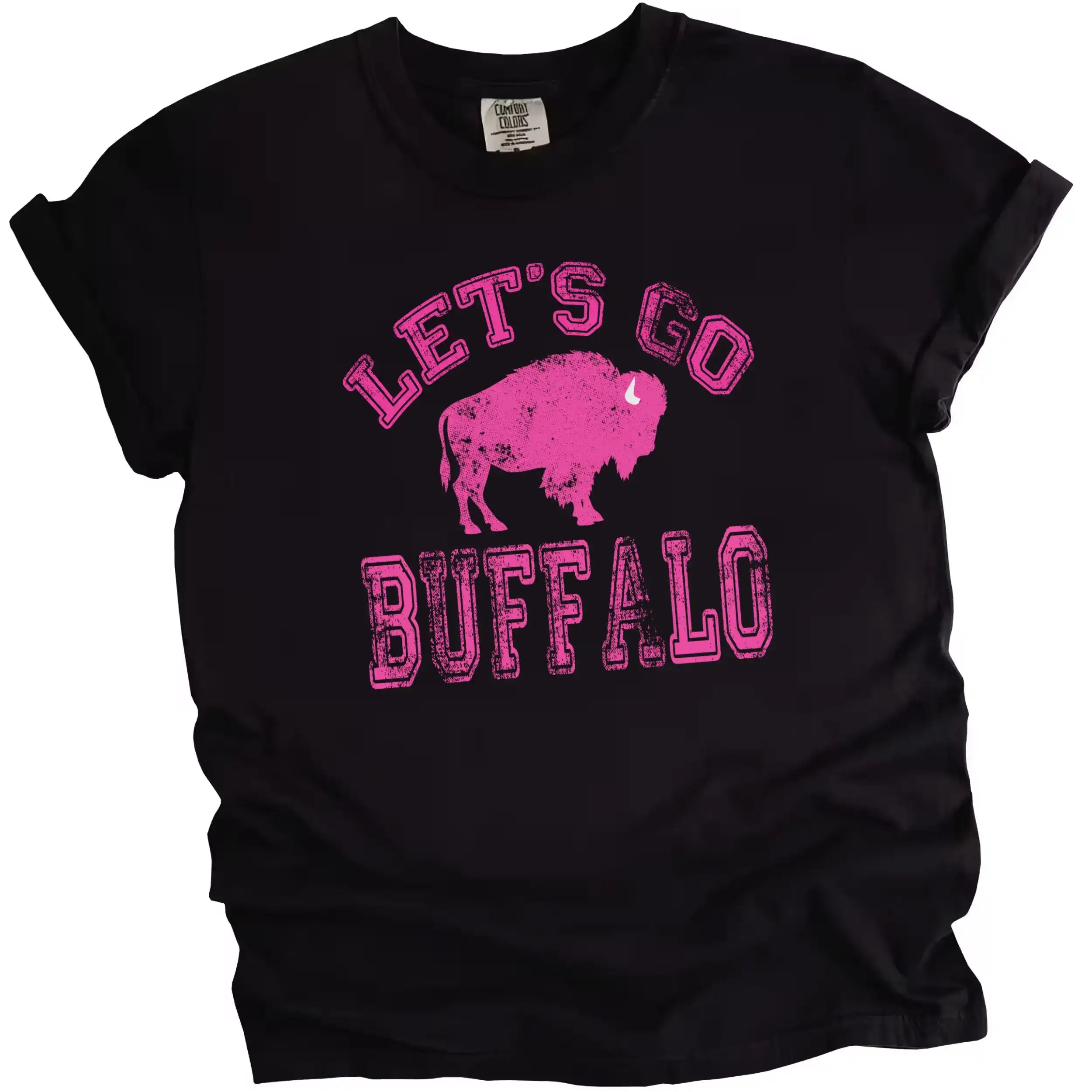 Black Let’s Go Buffalo football shirt with distressed hot pink lettering and pink buffalo graphic. Loud fan fashion for women.