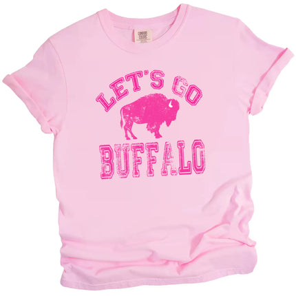 Light pink women's Let’s Go Buffalo football shirt with distressed hot pink lettering and pink buffalo graphic. Bold fan fashion.