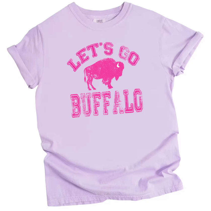 Light purple Let’s Go Buffalo football shirt with distressed hot pink lettering and bold buffalo graphic. Fun team pride style for women.