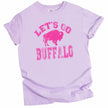 Light purple Let’s Go Buffalo football shirt with distressed hot pink lettering and bold buffalo graphic. Fun team pride style for women.