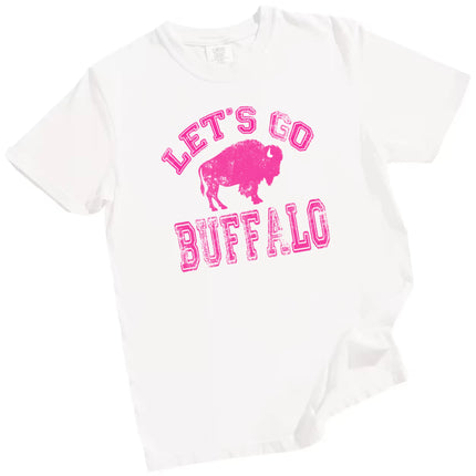 White Let’s Go Buffalo football shirt with distressed hot pink lettering and bold buffalo graphic. Confident game day style for women.