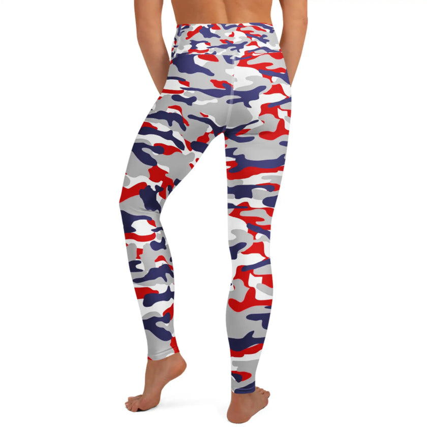 Back view of Buffalo football leggings showcasing the distinctive red white blue and grey camouflage print in an eye-catching original design.