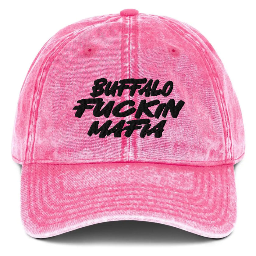Pink vintage cotton twill cap featuring bold black Buffalo Fuckin Mafia embroidery, edgy feminine Buffalo football hat design.