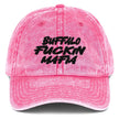 Pink vintage cotton twill cap featuring bold black Buffalo Fuckin Mafia embroidery, edgy feminine Buffalo football hat design.