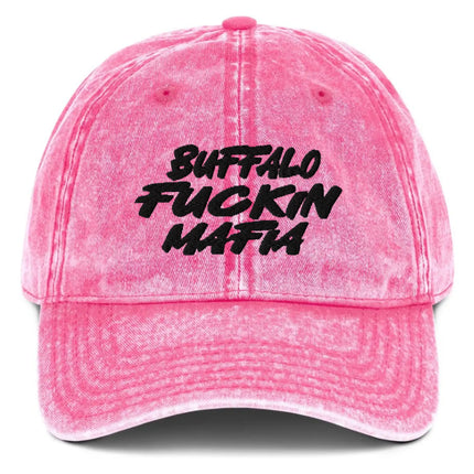 Pink vintage cotton twill cap featuring bold black Buffalo Fuckin Mafia embroidery, edgy feminine Buffalo football hat design.