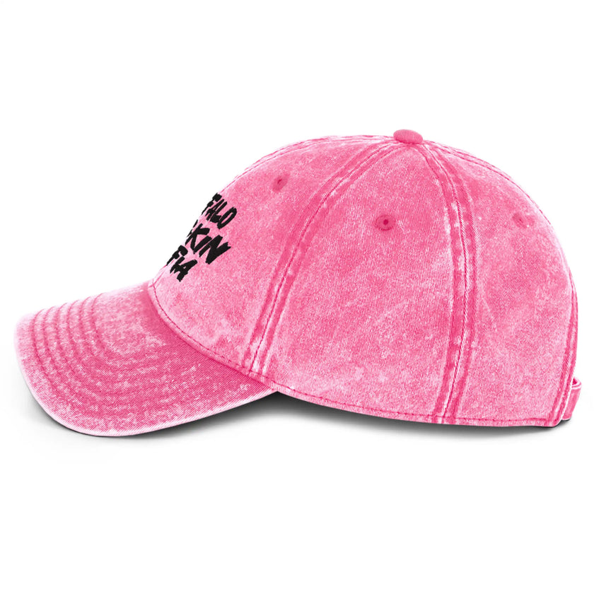 Pink vintage cotton twill cap left side view featuring black Buffalo Fuckin Mafia embroidered lettering and curved brim.